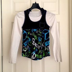 Justice Girls Top Size 8 White Blue Long Sleeves Hoodie Peace Sign Shiny